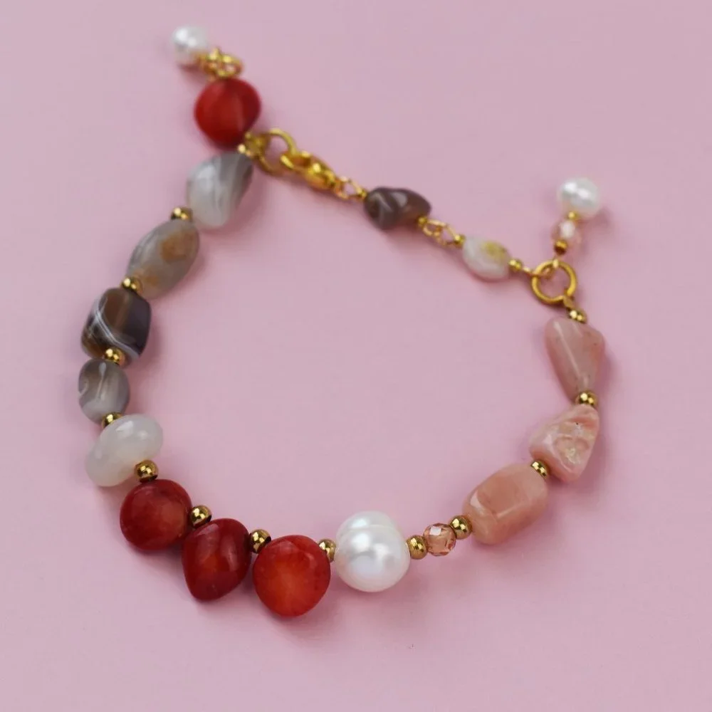 Mismatched beaded bracelet, red coral and pearl bracelet handmade